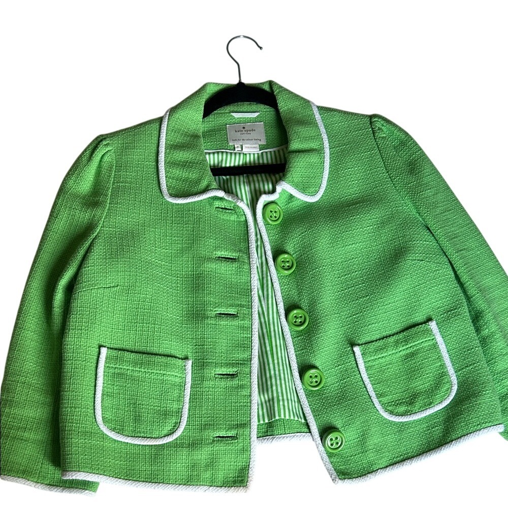 Kate Spade New York Green Tweed Blazer Jacket‎ Womens Size 8 Cropped White Trim